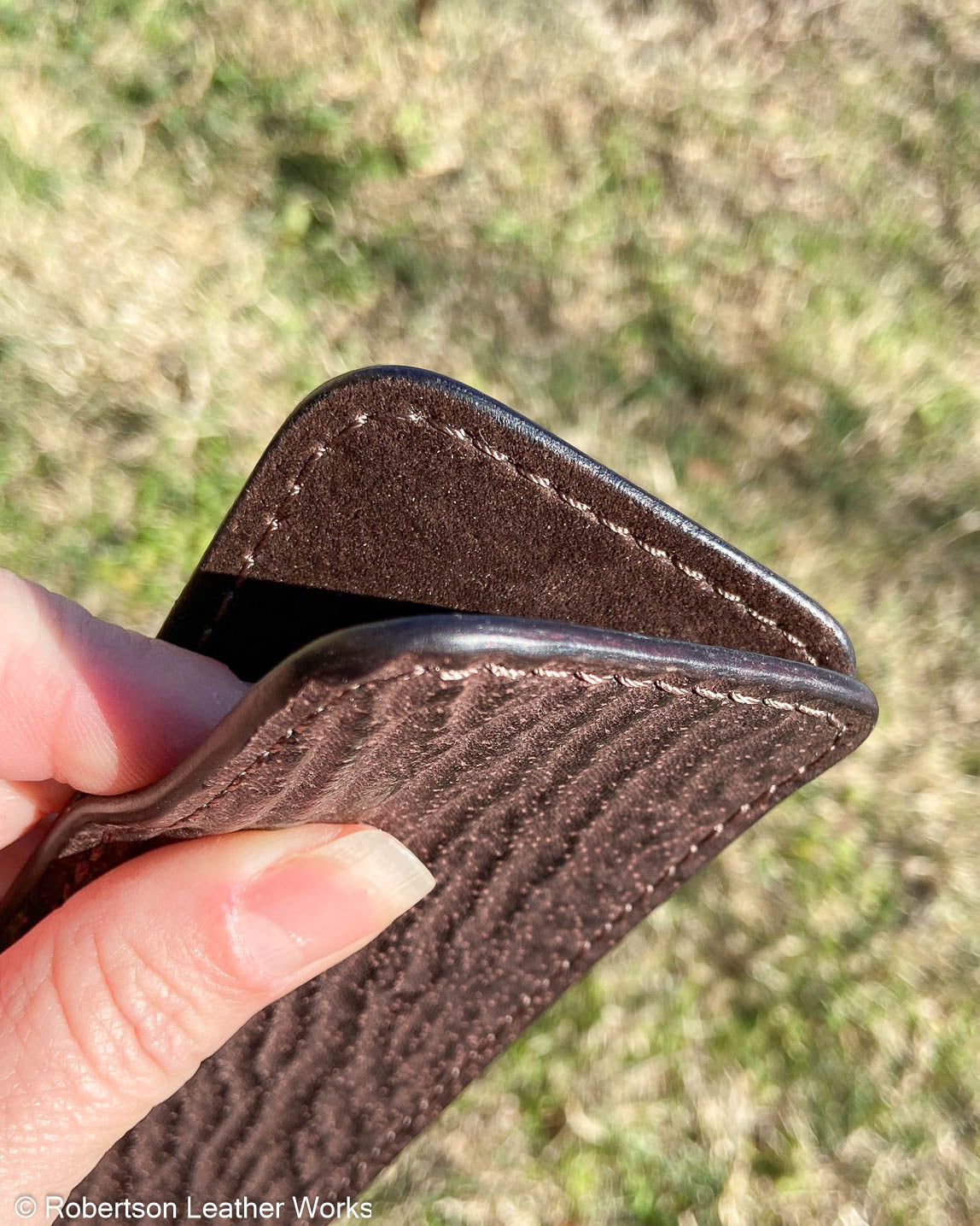 Large Dark Brown Shark Leather Knife Slip, Brown Stitching