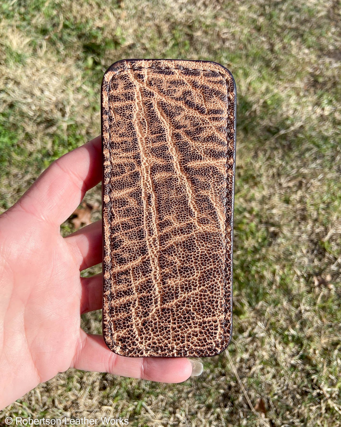 Large Vintage Peat Elephant Leather Knife Slip, Brown Stitching