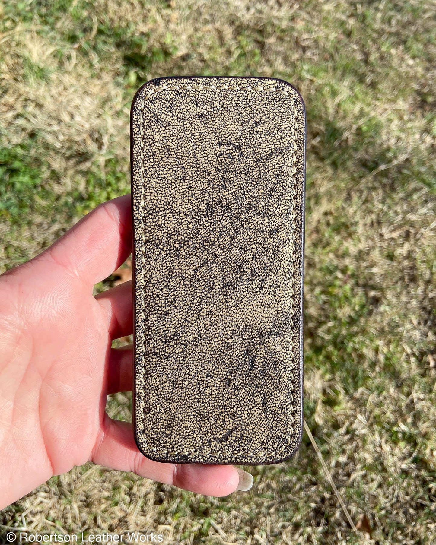 Large Antique Saddle Wildebeest Leather Knife Slip, Taupe Stitching