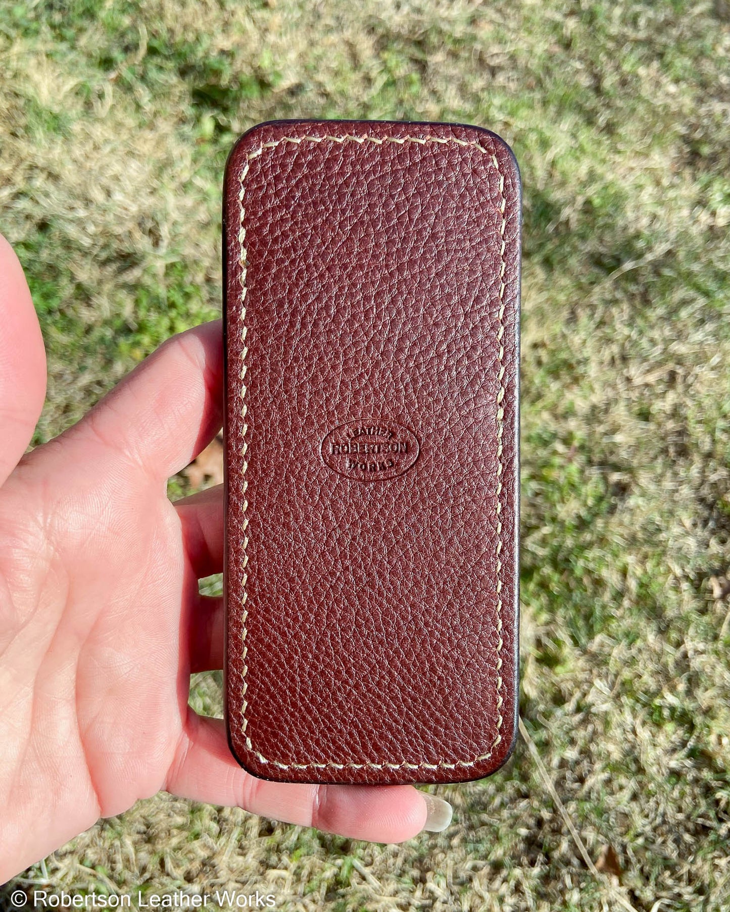 Large Antique Saddle Wildebeest Leather Knife Slip, Taupe Stitching