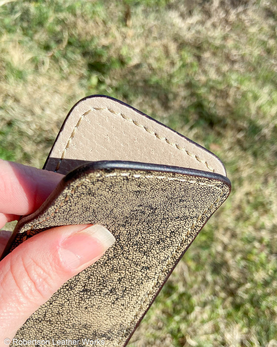 Large Antique Saddle Wildebeest Leather Knife Slip, Taupe Stitching