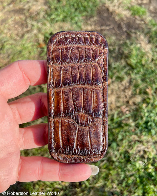 Micro Antique Brown Alligator Leather Knife Slip, Brown Stitching
