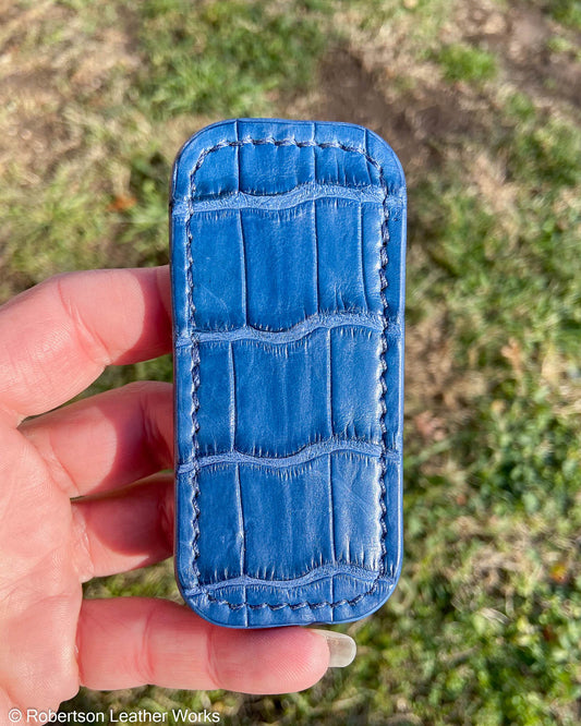 Micro Blue Crocodile Leather Knife Slip, Navy Stitching