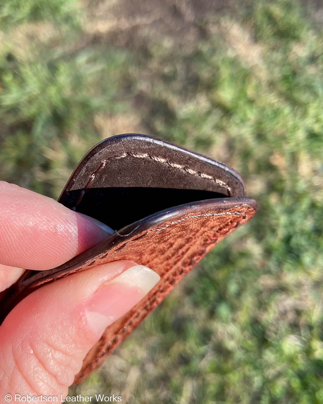 Micro Light Brown Shark Leather Knife Slip, Brown Stitching