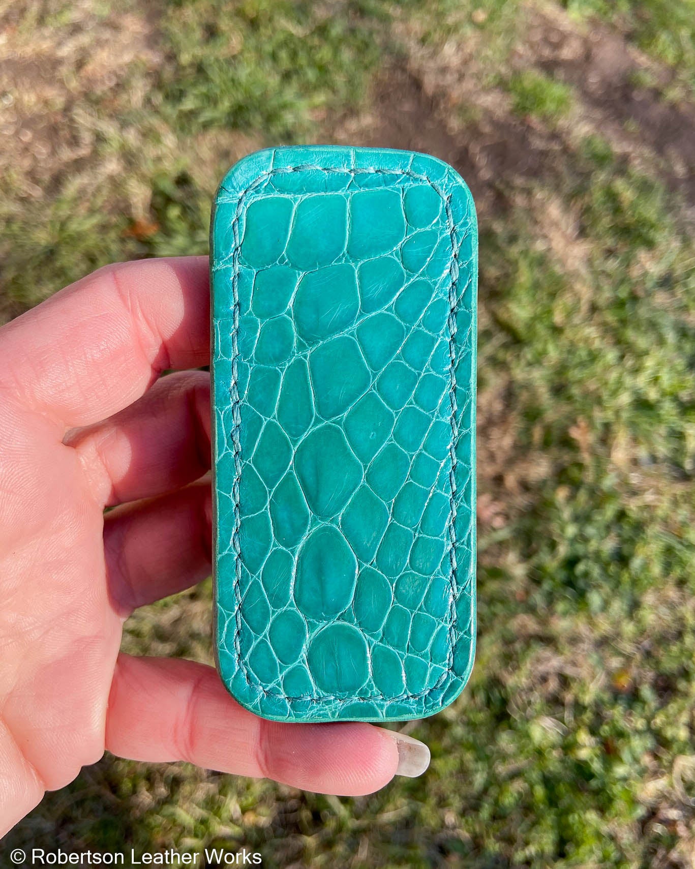 Micro Green-Turquoise Alligator Leather Knife Slip, Turquoise Stitching
