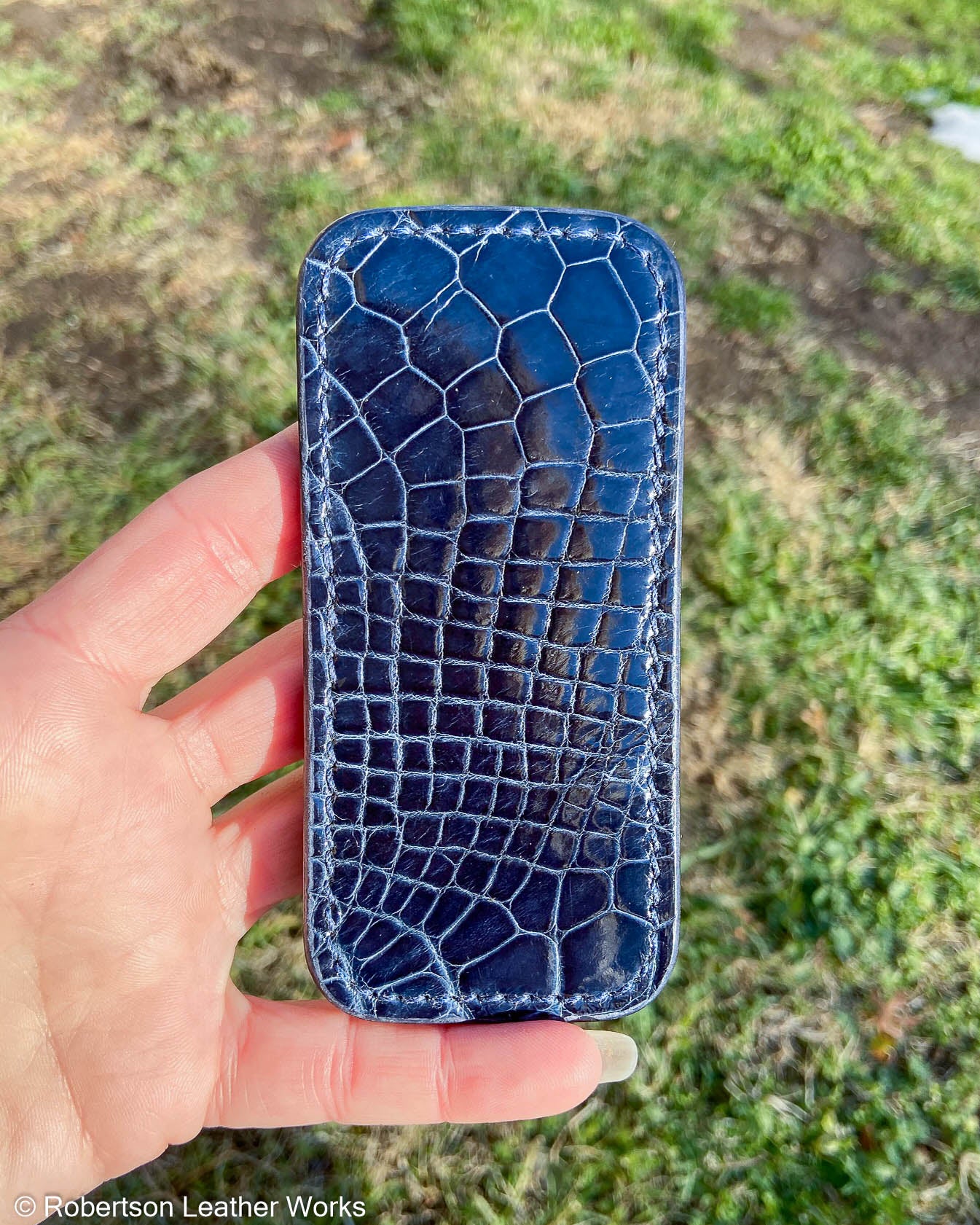 Medium Navy Alligator Leather Knife Slip, Navy Stitching