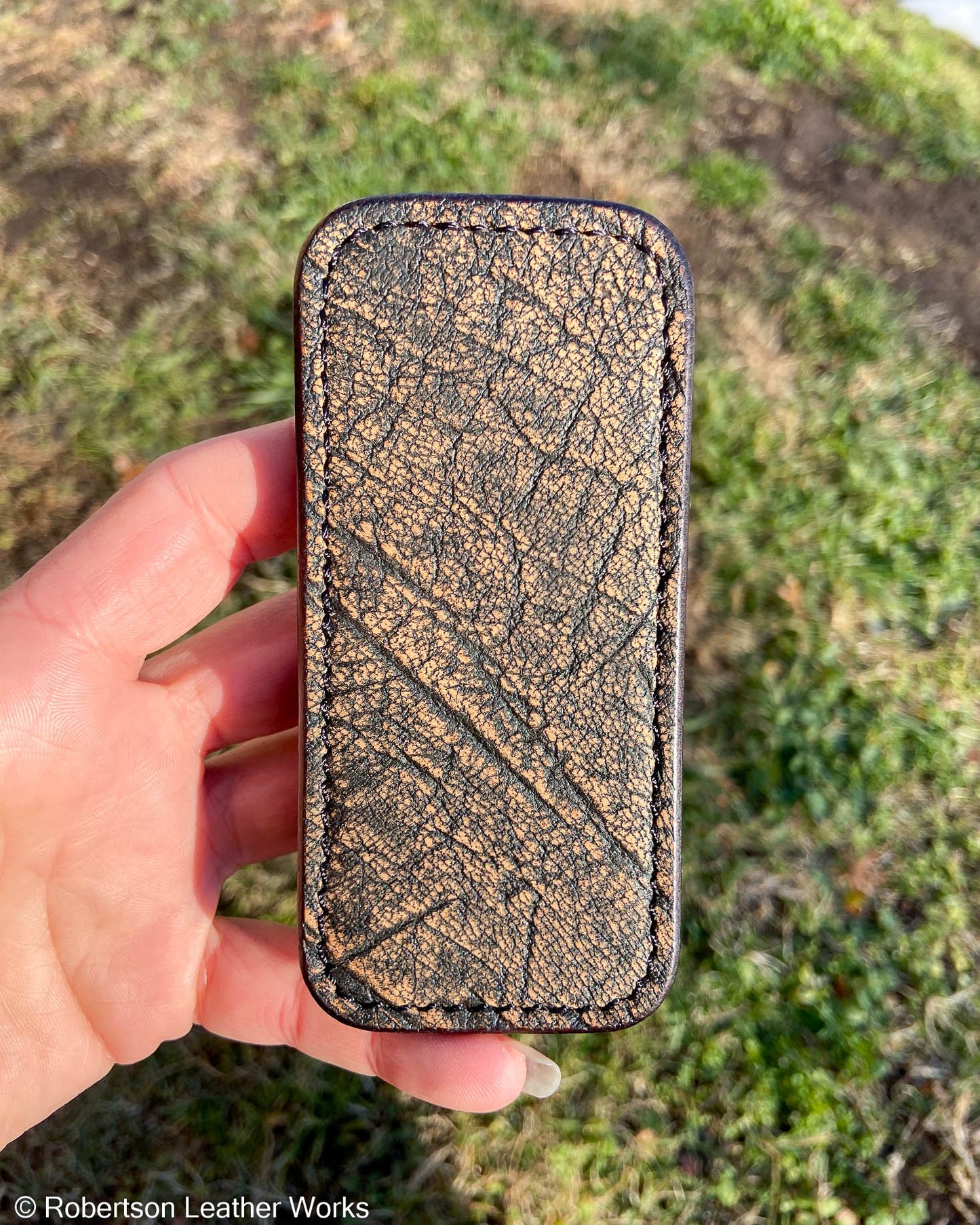 Medium Tan Safari Cape Buffalo Leather Knife Slip, Black Stitching