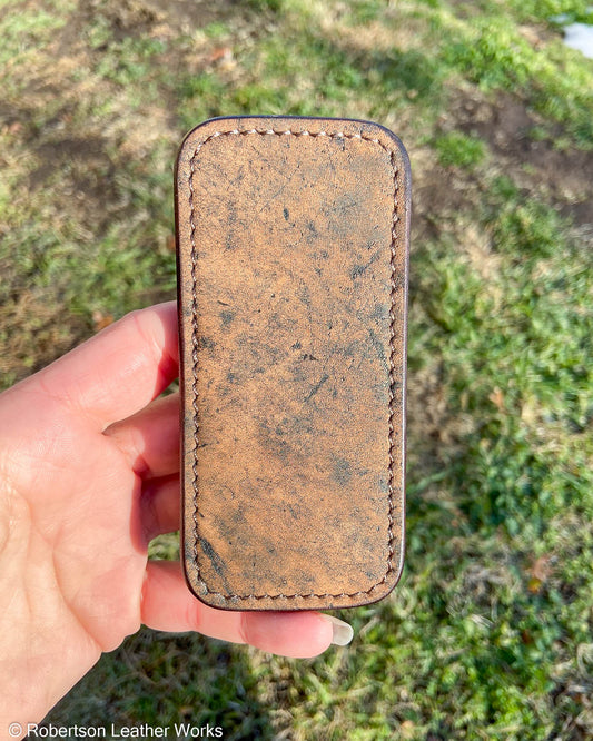 Medium Tan Safari Giraffe Leather Knife Slip, Brown Stitching