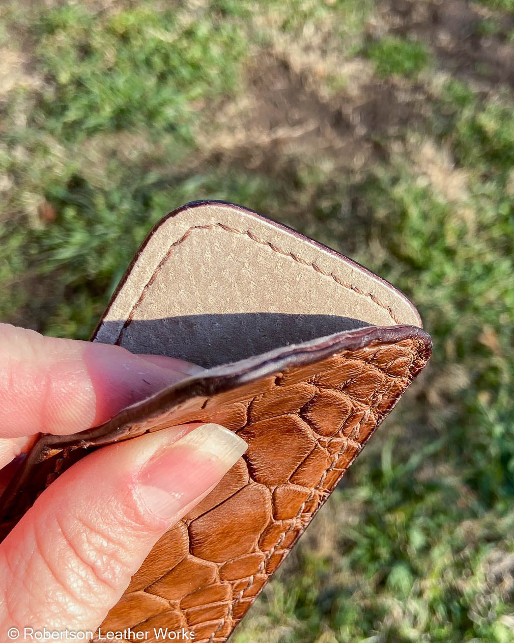 Medium Light Brown Alligator Leather Knife Slip, Light Brown Stitching