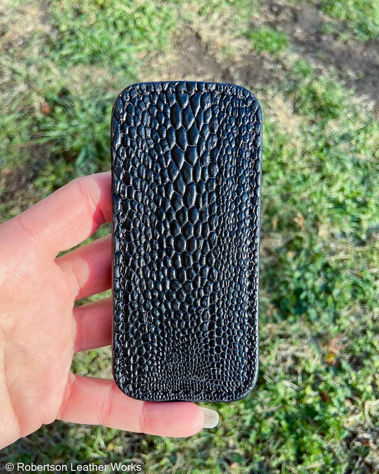 Medium Black Emu Leg Leather Knife Slip, Black Stitching