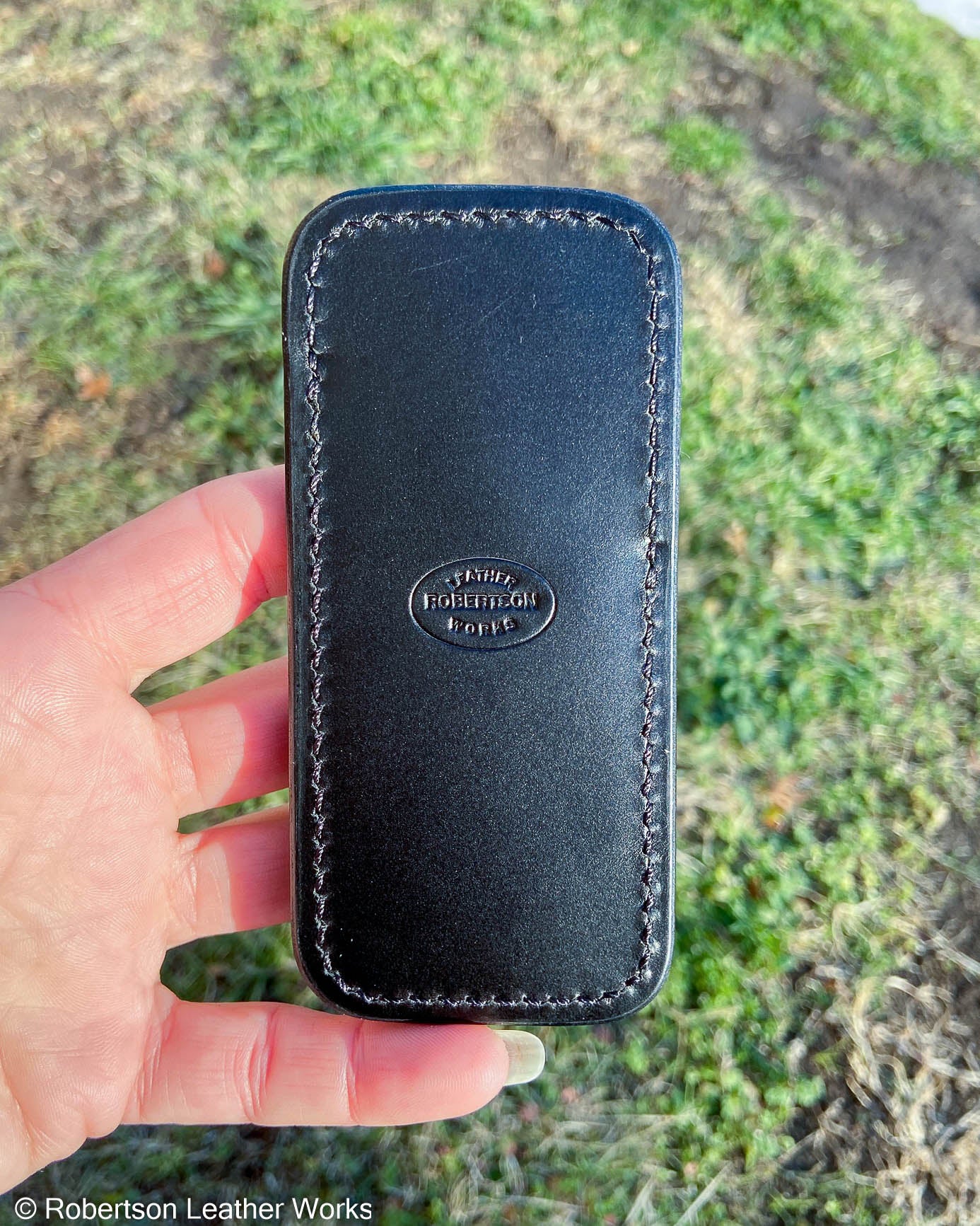 Medium Black Emu Leg Leather Knife Slip, Black Stitching