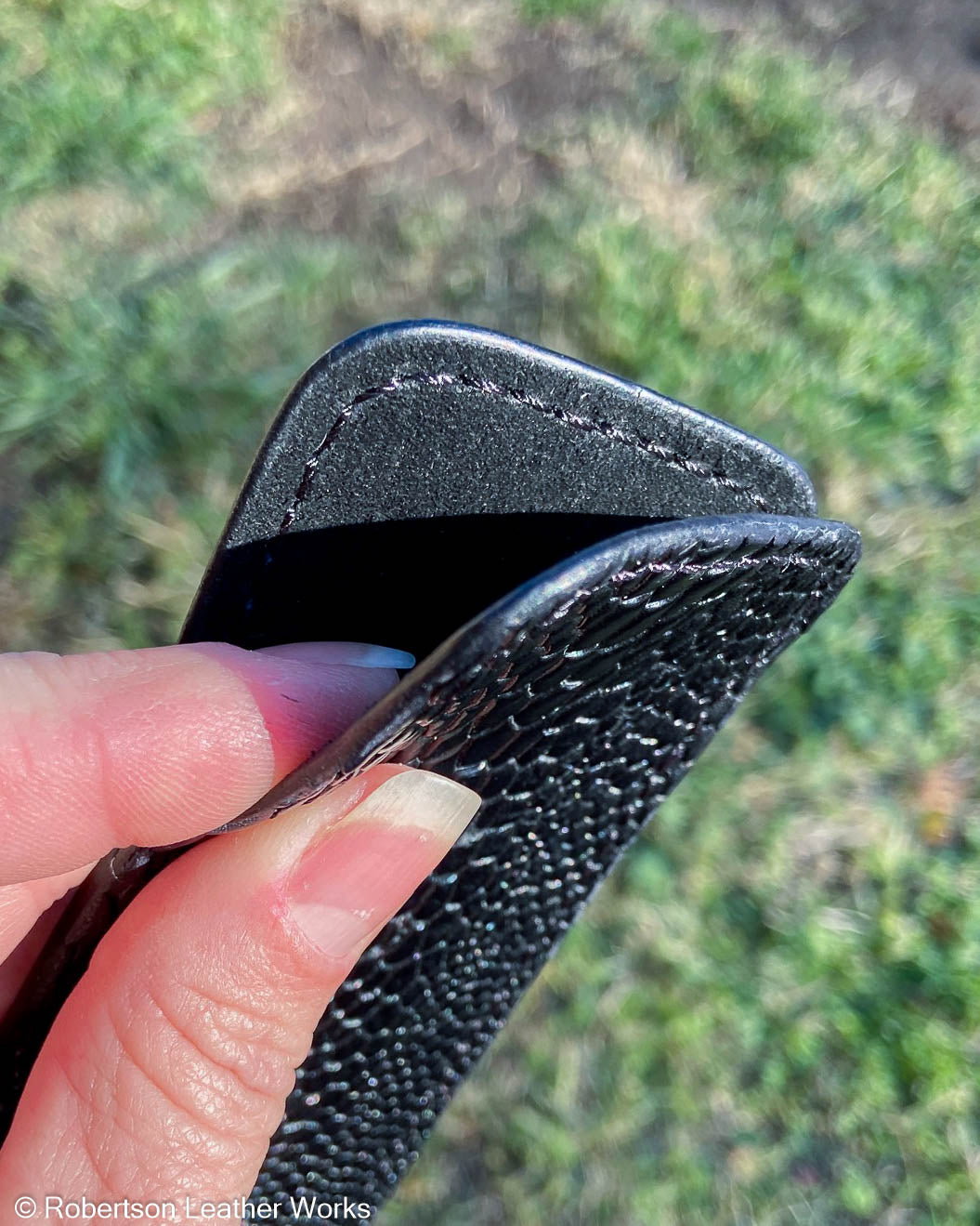 Medium Black Emu Leg Leather Knife Slip, Black Stitching