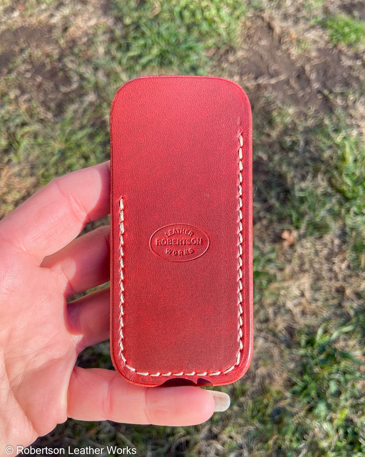 Small Red Excel Leather Knife Slip, Cream Stitching
