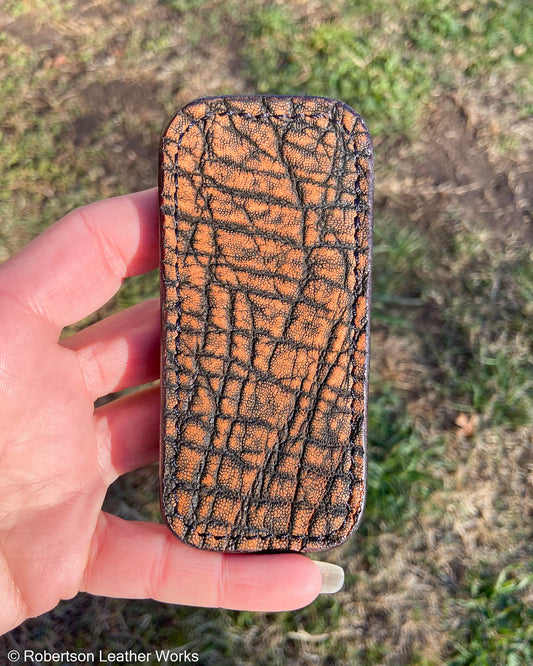 Small Cognac Safari Elephant Leather Knife Slip, Black Stitching