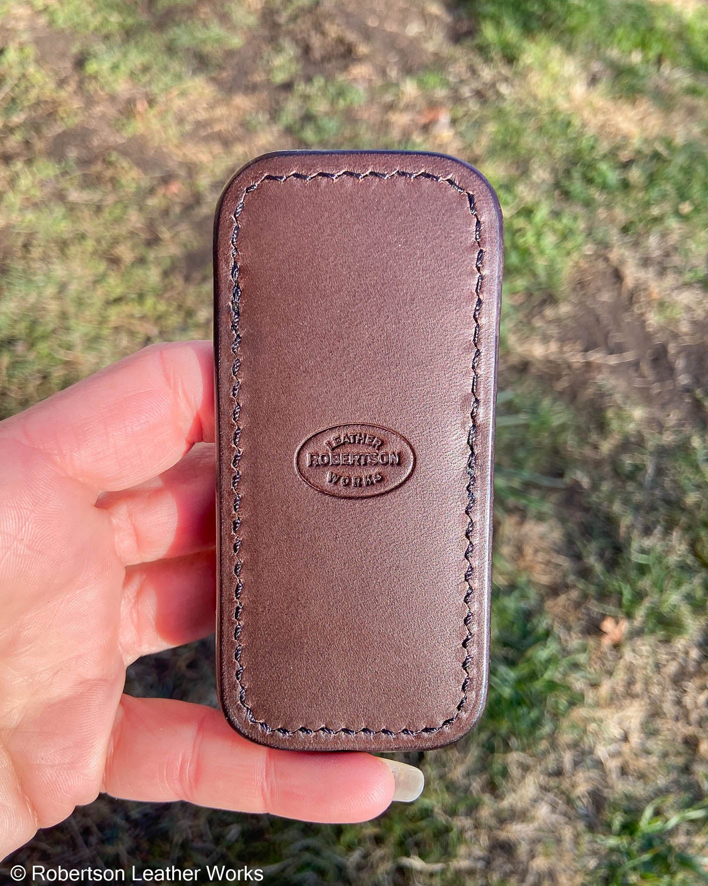 Small Cognac Safari Elephant Leather Knife Slip, Black Stitching