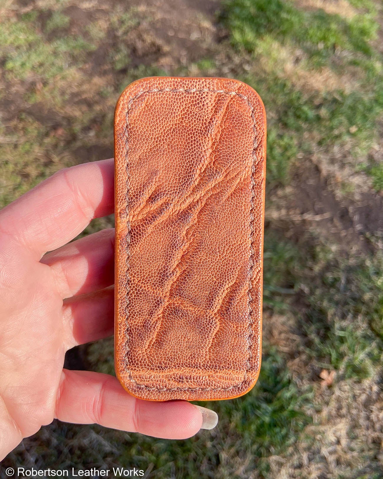 Small Antique Peat Elephant Leather Knife Slip, Light Brown Stitching