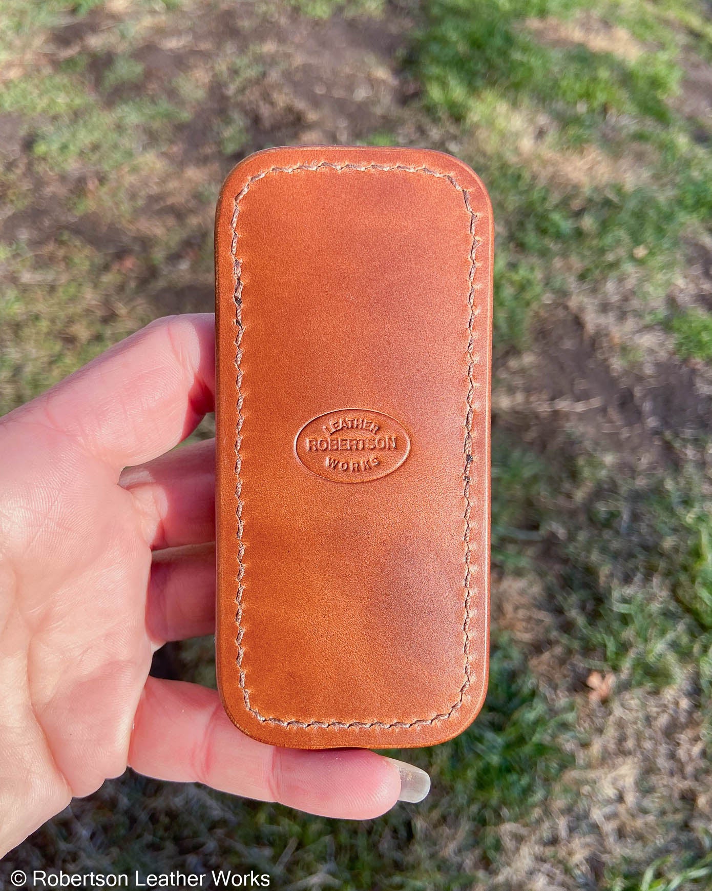 Small Antique Peat Elephant Leather Knife Slip, Light Brown Stitching