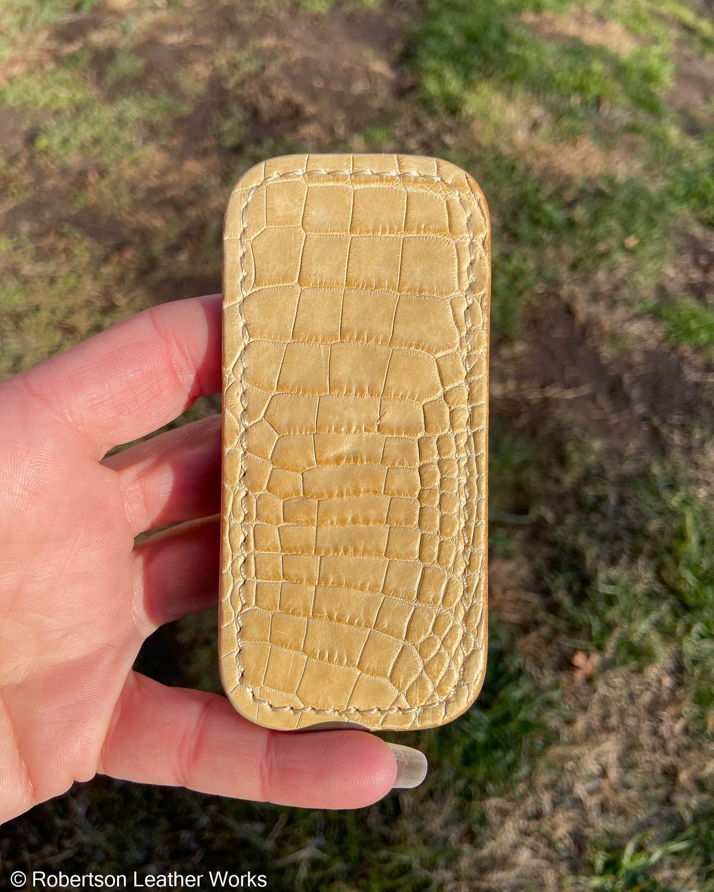 Small Cream Alligator Leather Knife Slip, Cream Stitching