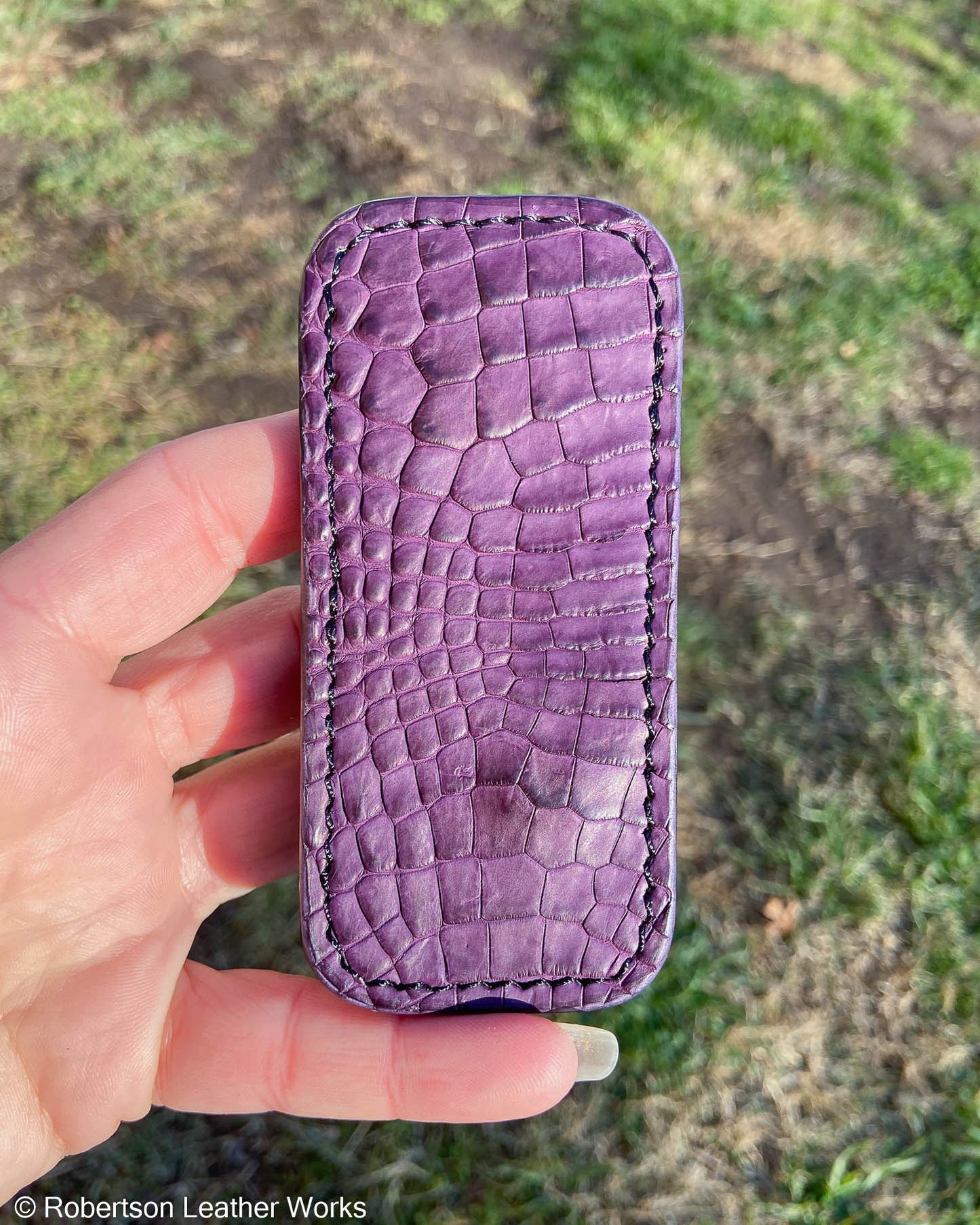 Small Purple Alligator Leather Knife Slip, Black Stitching