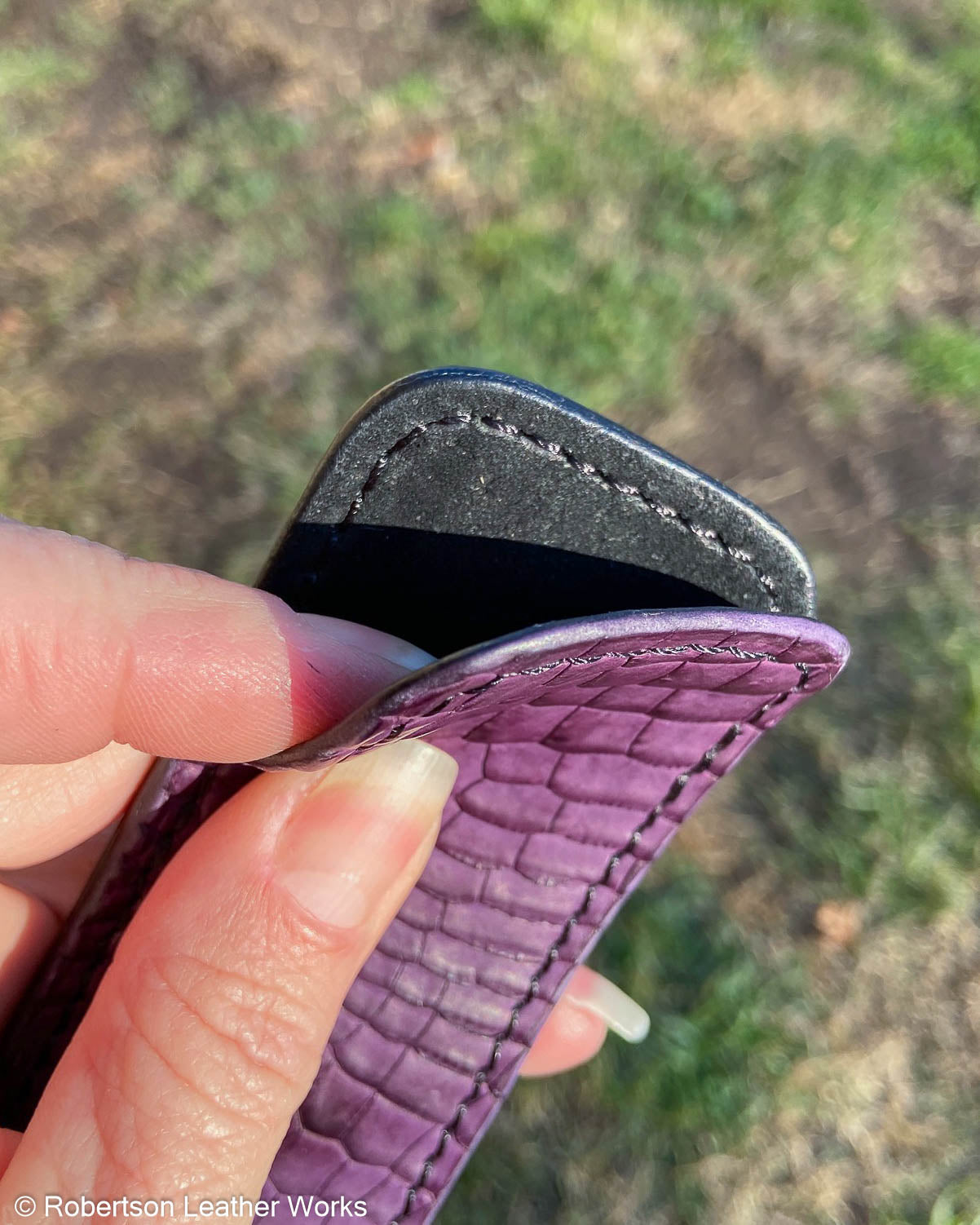 Small Purple Alligator Leather Knife Slip, Black Stitching