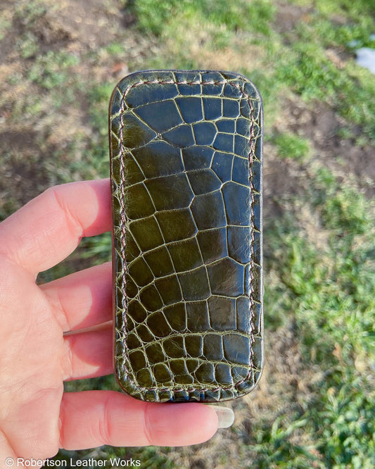 Small Glazed Dark Green Alligator Leather Knife Slip, Brown Stitching