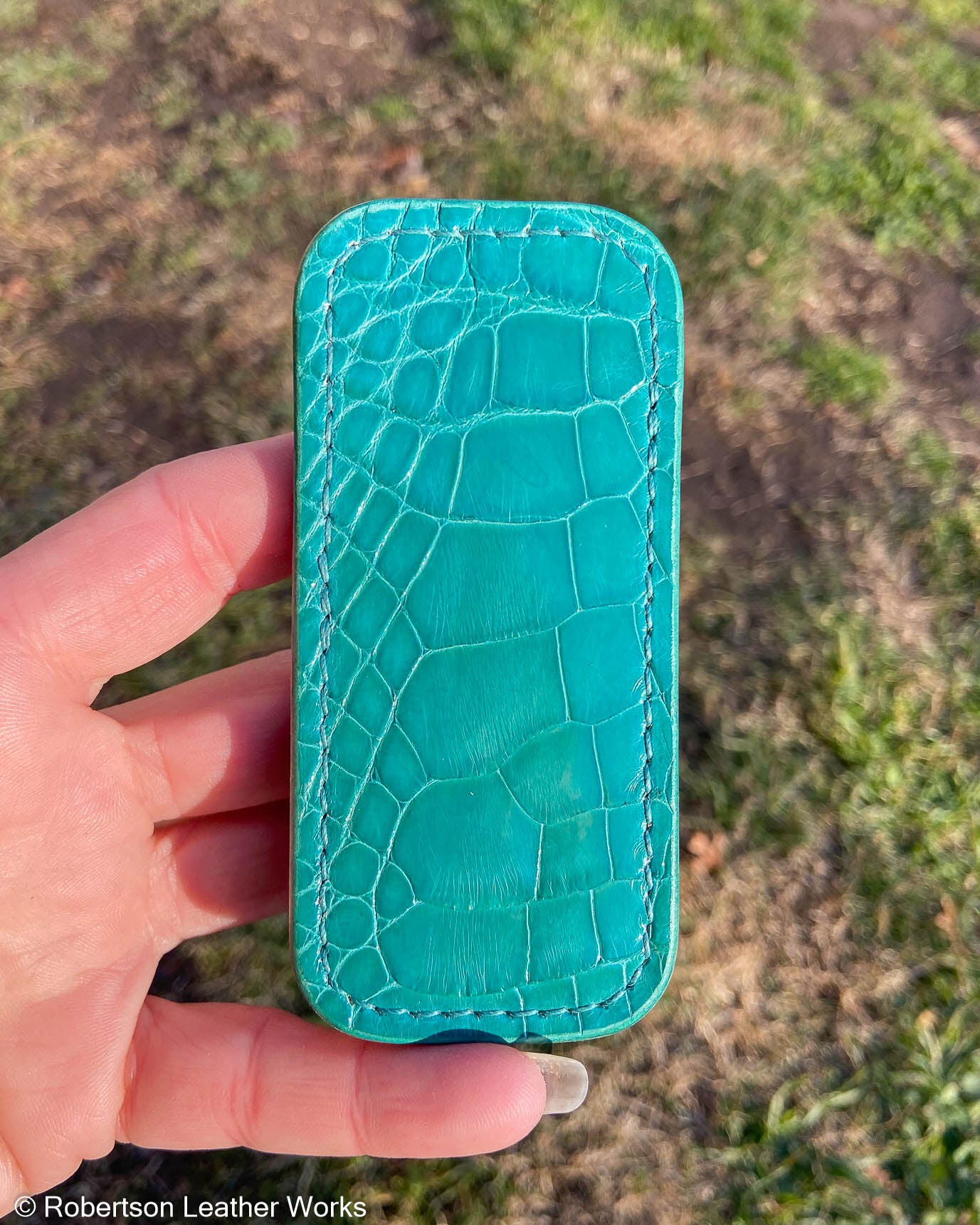 Small Glazed Green-Turquoise Alligator Leather Knife Slip, Turquoise Stitching