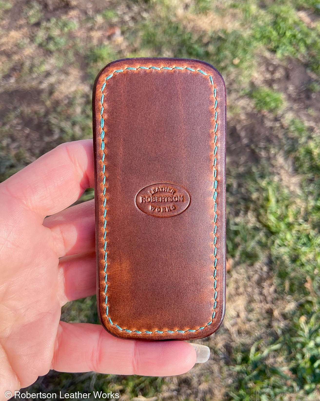 Small Glazed Green-Turquoise Alligator Leather Knife Slip, Turquoise Stitching