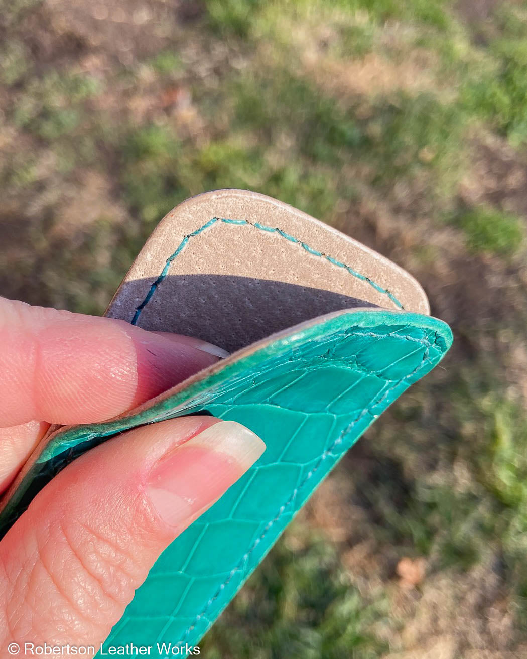 Small Glazed Green-Turquoise Alligator Leather Knife Slip, Turquoise Stitching