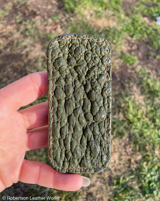 Small Olive Snapping Turtle Leather Knife Slip, Light Brown Stitching