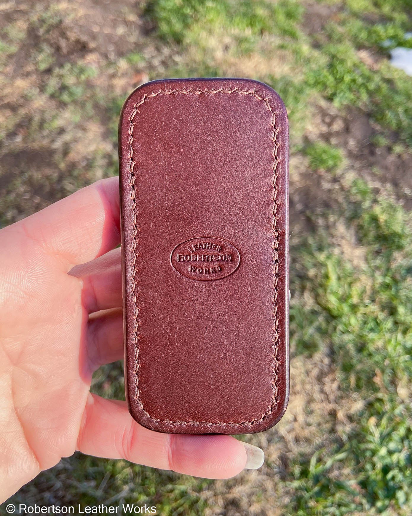 Small Olive Snapping Turtle Leather Knife Slip, Light Brown Stitching