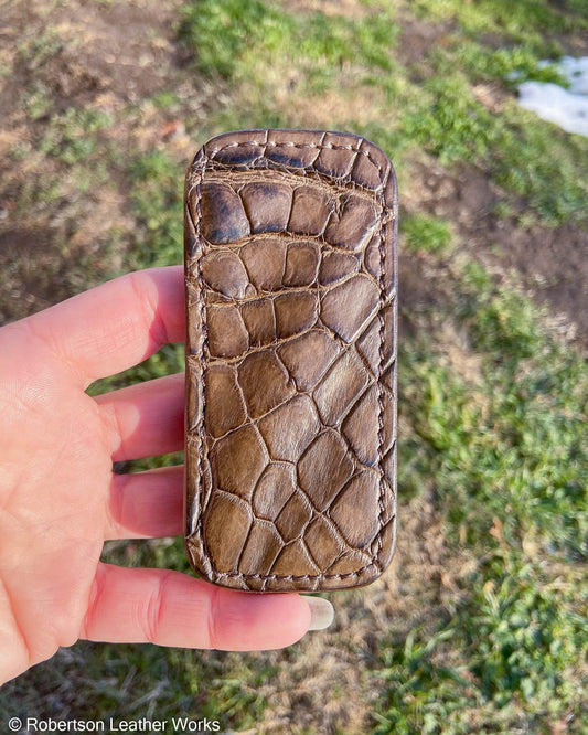 Small OD Olive Alligator Leather Knife Slip, Brown Stitching