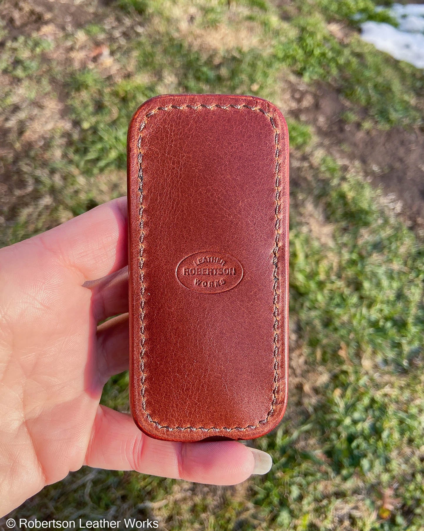 Small OD Olive Alligator Leather Knife Slip, Brown Stitching