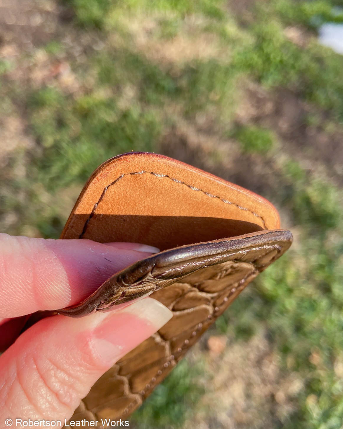 Small OD Olive Alligator Leather Knife Slip, Brown Stitching
