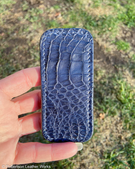 Small Navy Alligator Leather Knife Slip, Navy Stitching