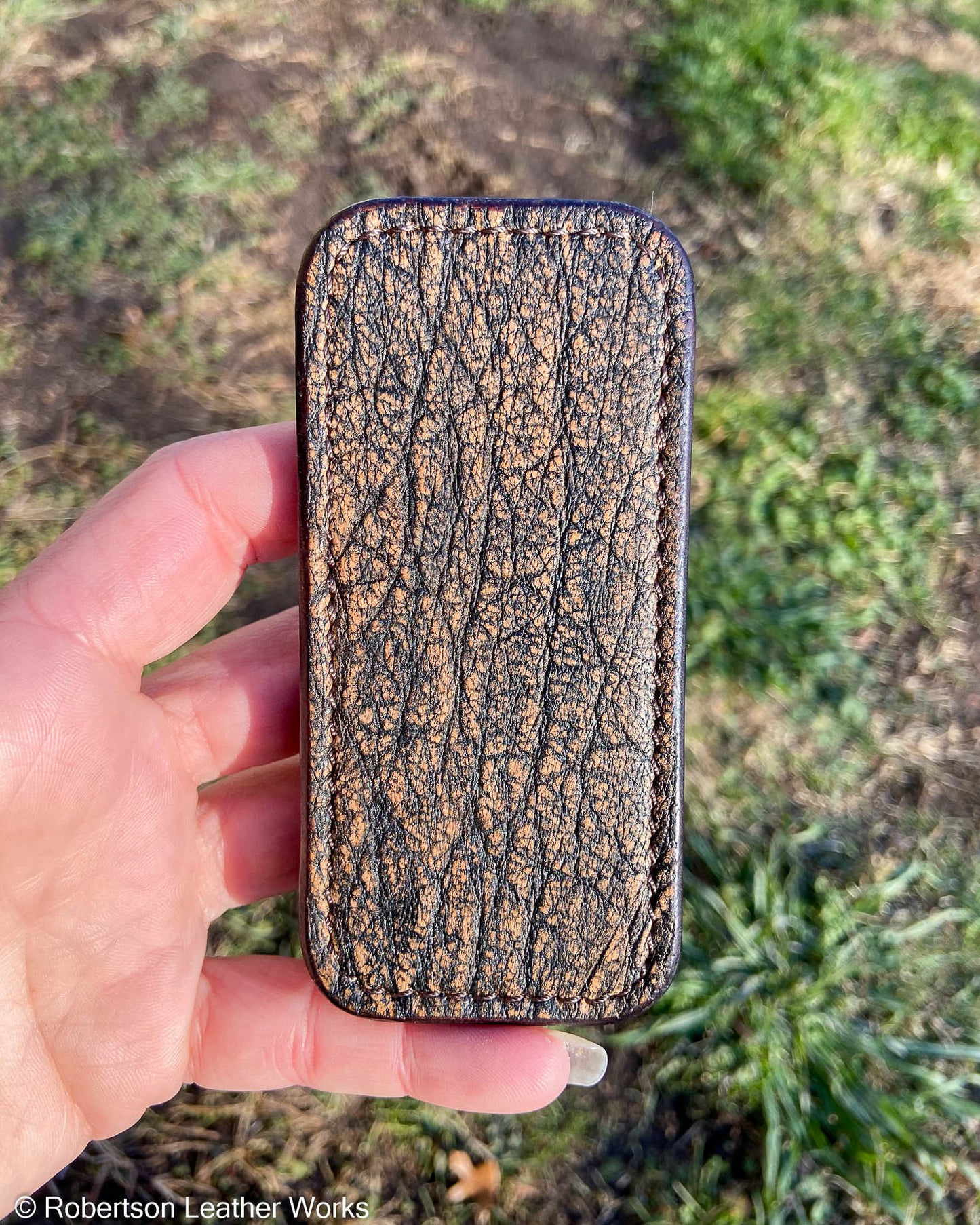 Schmedium Tan Safari Cape Buffalo Leather Knife Slip, Brown Stitching