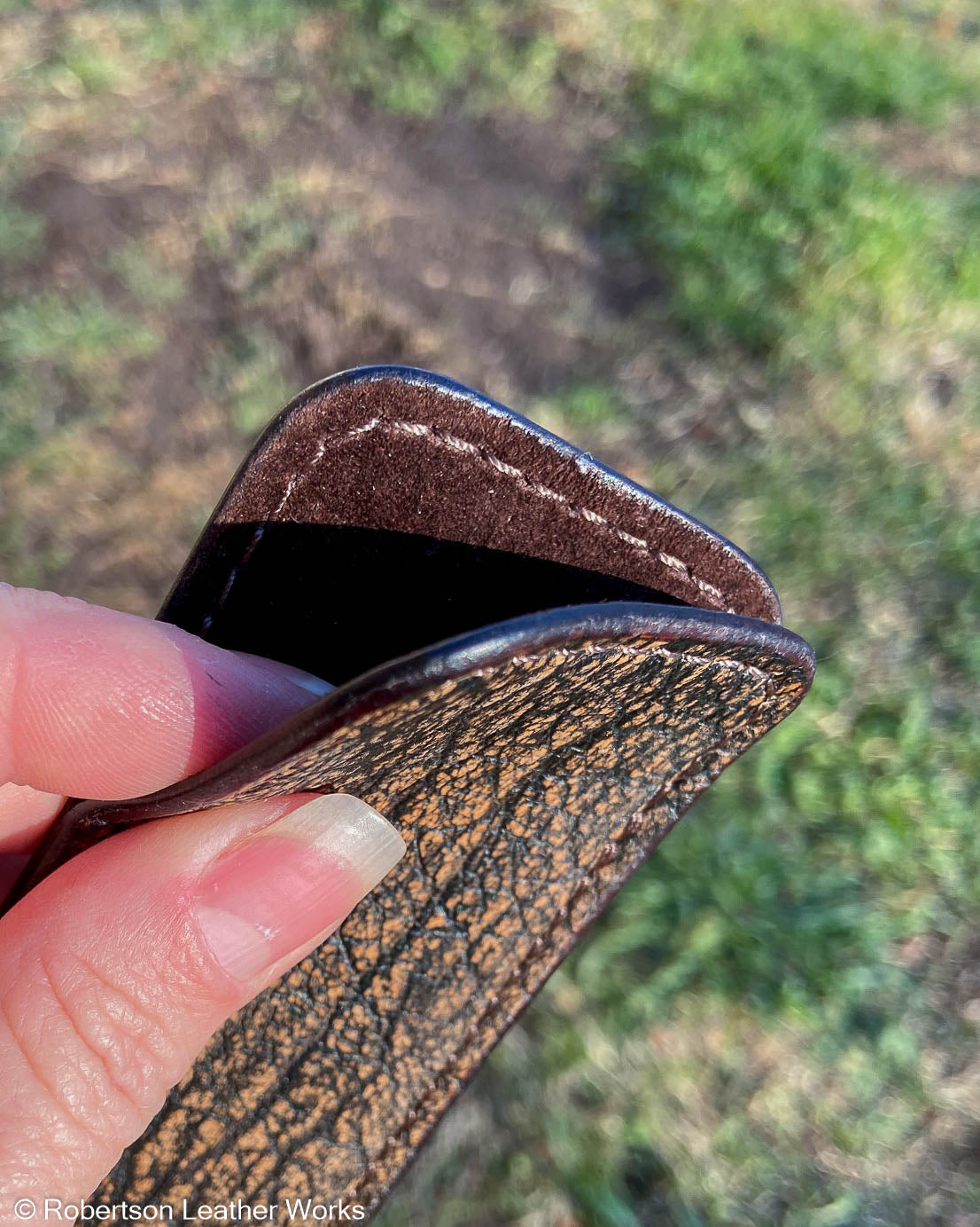 Schmedium Tan Safari Cape Buffalo Leather Knife Slip, Brown Stitching