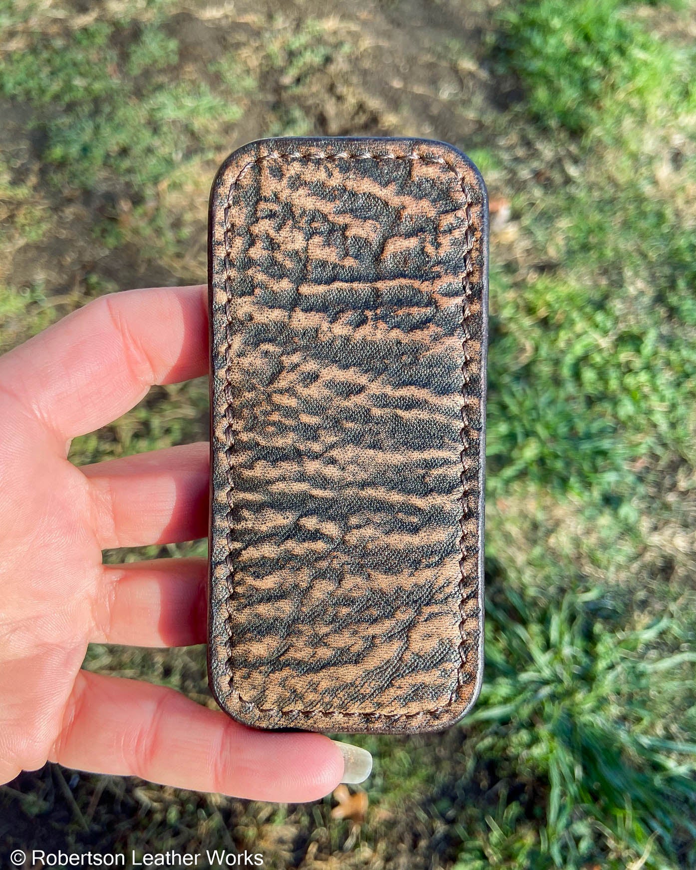 Schmedium Tan Safari Shark Leather Knife Slip, Brown Stitching