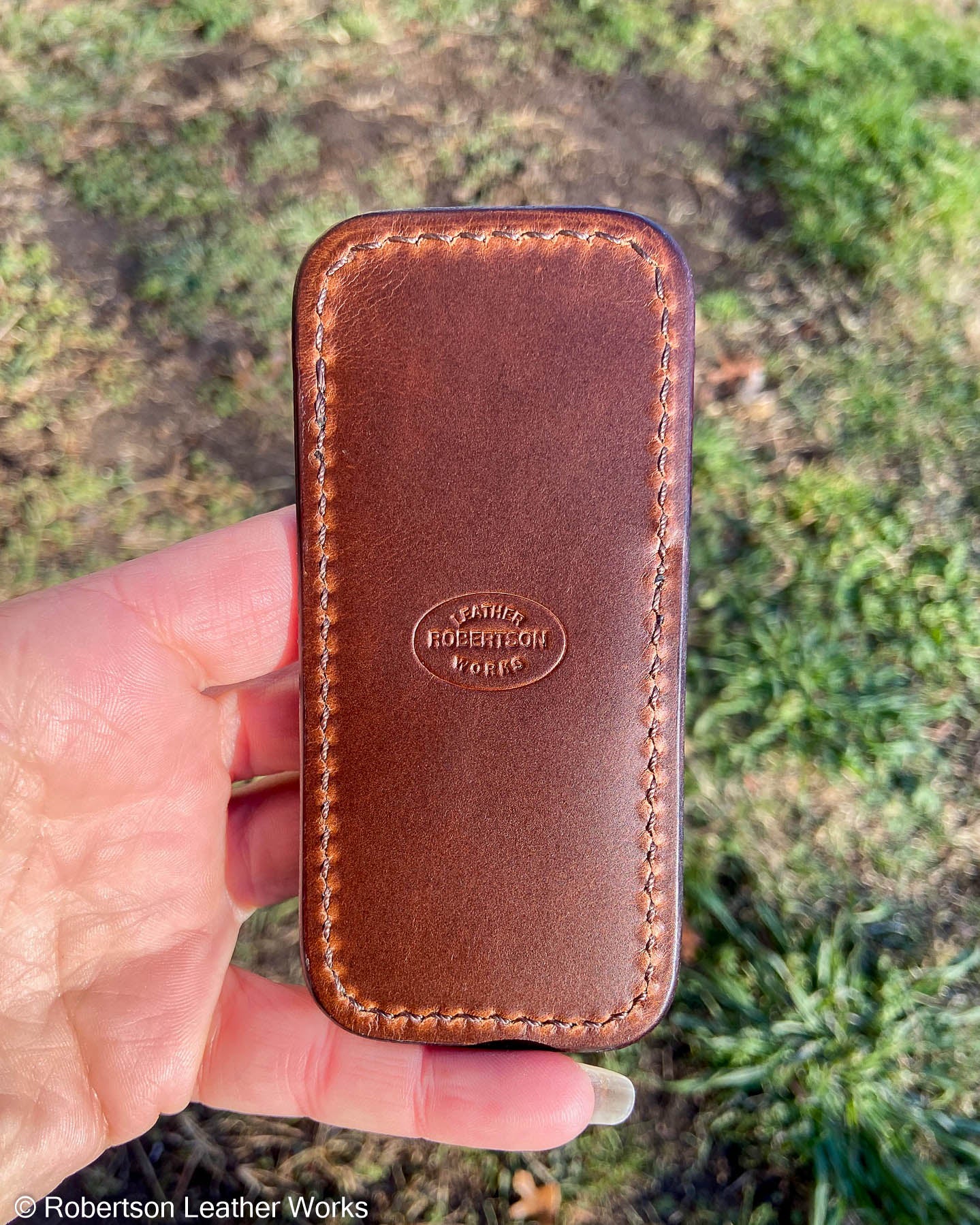 Schmedium Glazed Cognac Alligator Leather Knife Slip, Brown Stitching