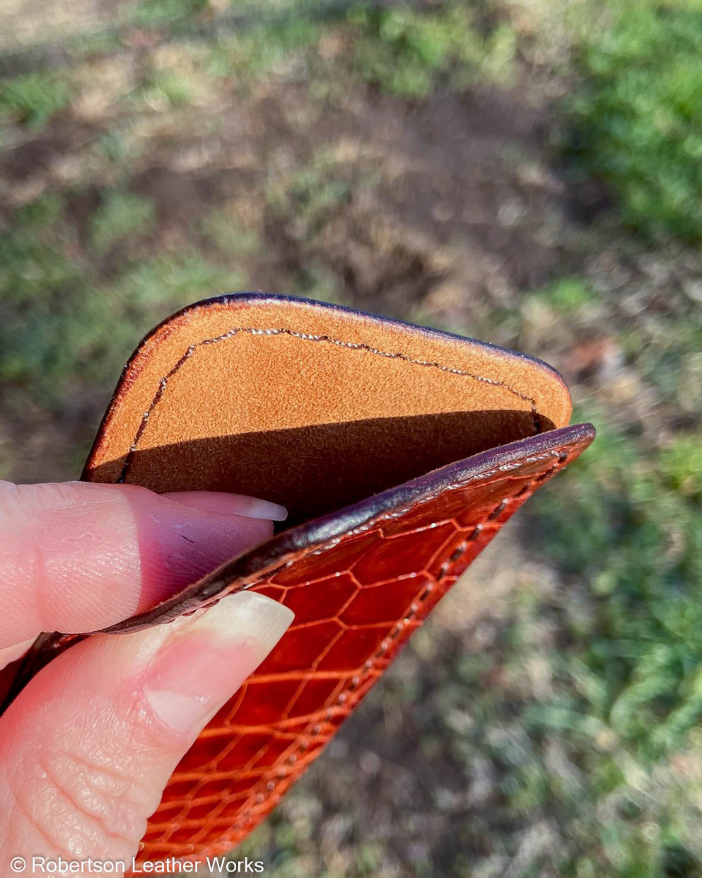 Schmedium Glazed Cognac Alligator Leather Knife Slip, Brown Stitching