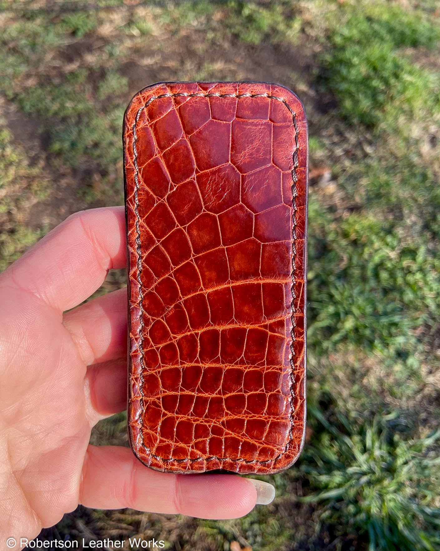 Schmedium Glazed Cognac Alligator Leather Knife Slip, Brown Stitching