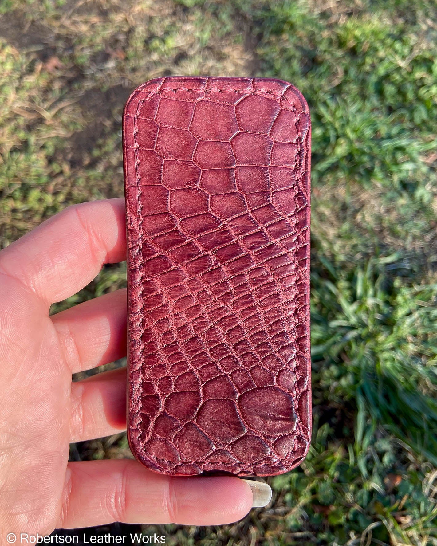 Schmedium Maroon Alligator Leather Knife Slip, Burgundy Stitching