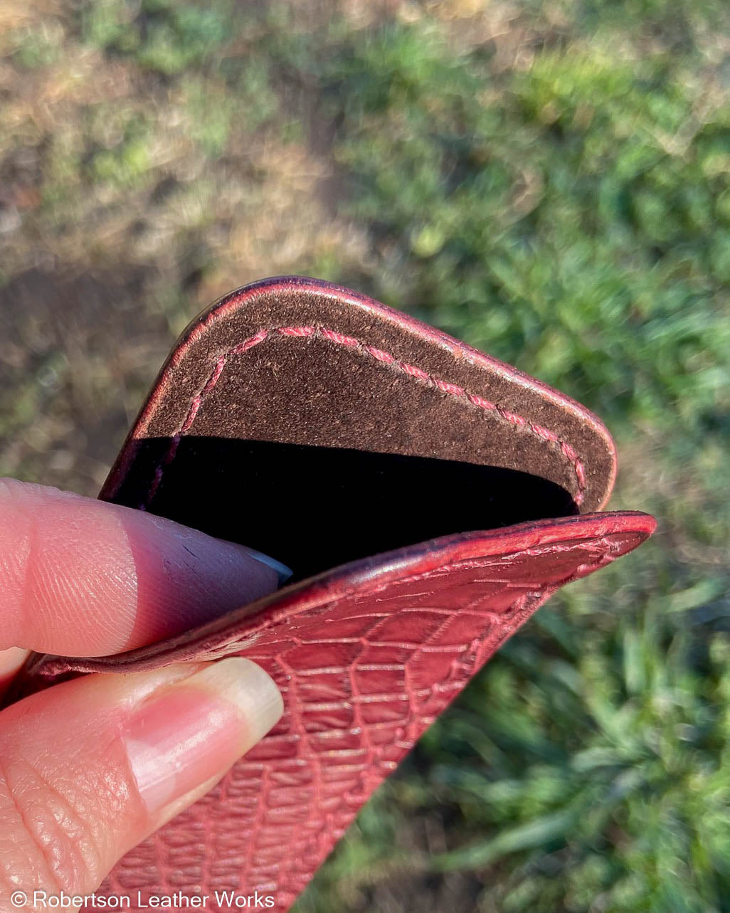 Schmedium Maroon Alligator Leather Knife Slip, Burgundy Stitching