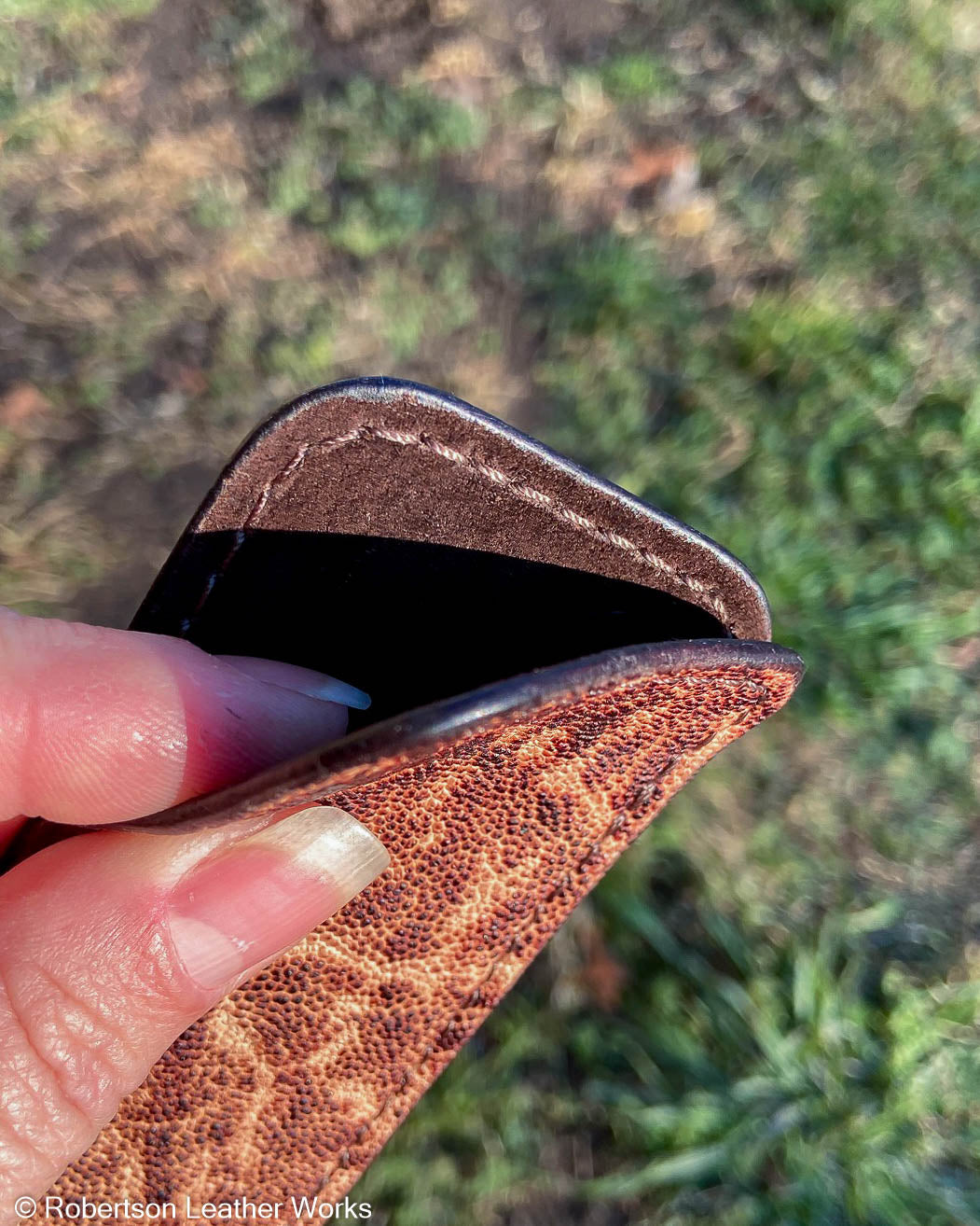 Schmedium Vintage Peat Elephant Ear Leather Knife Slip, Brown Stitching