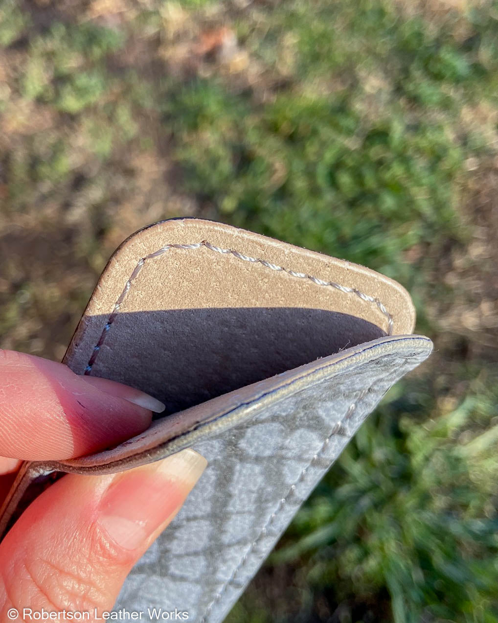 Schmedium Light Blue Giraffe Leather Knife Slip, Silver Stitching