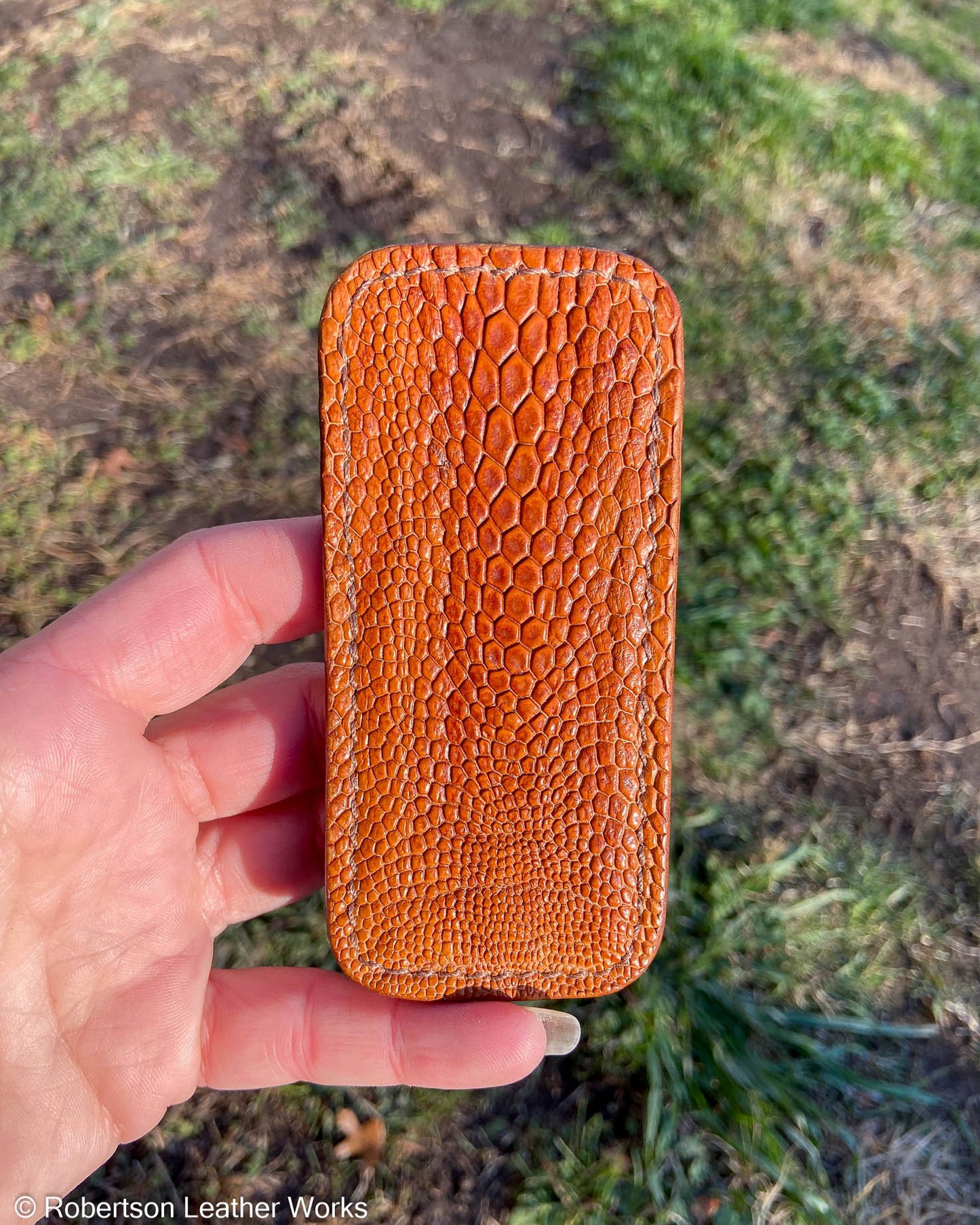 Schmedium Whiskey Emu Leg Leather Knife Slip, Light Brown Stitching