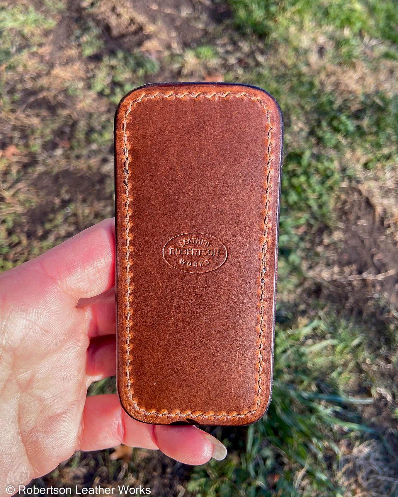 Schmedium Whiskey Emu Leg Leather Knife Slip, Light Brown Stitching