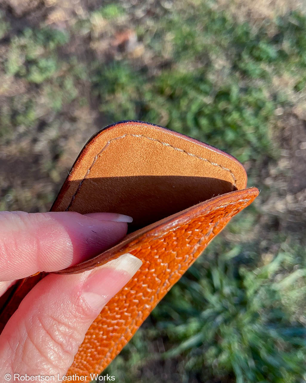 Schmedium Whiskey Emu Leg Leather Knife Slip, Light Brown Stitching