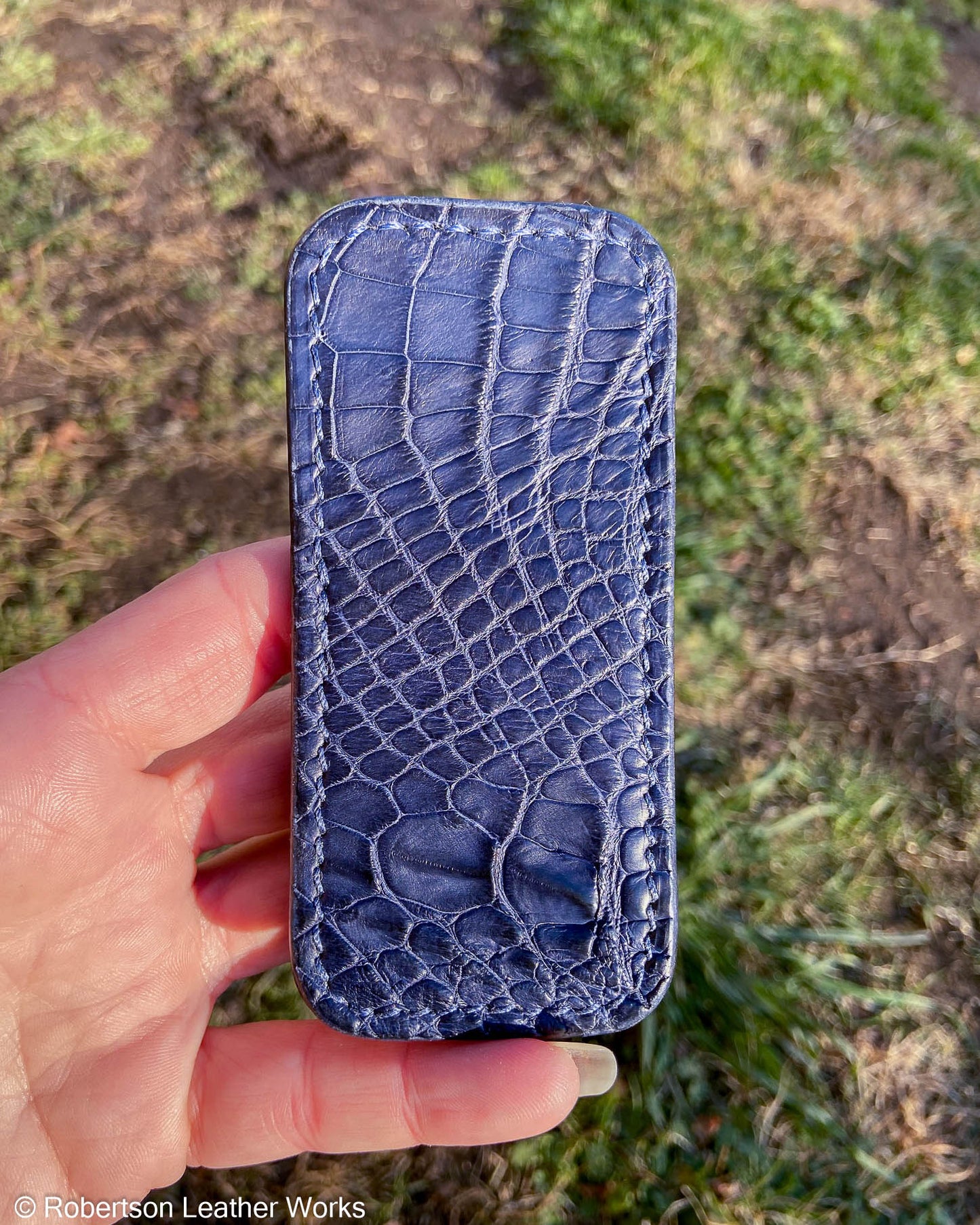 Schmedium Navy Alligator Leather Knife Slip, Navy Stitching