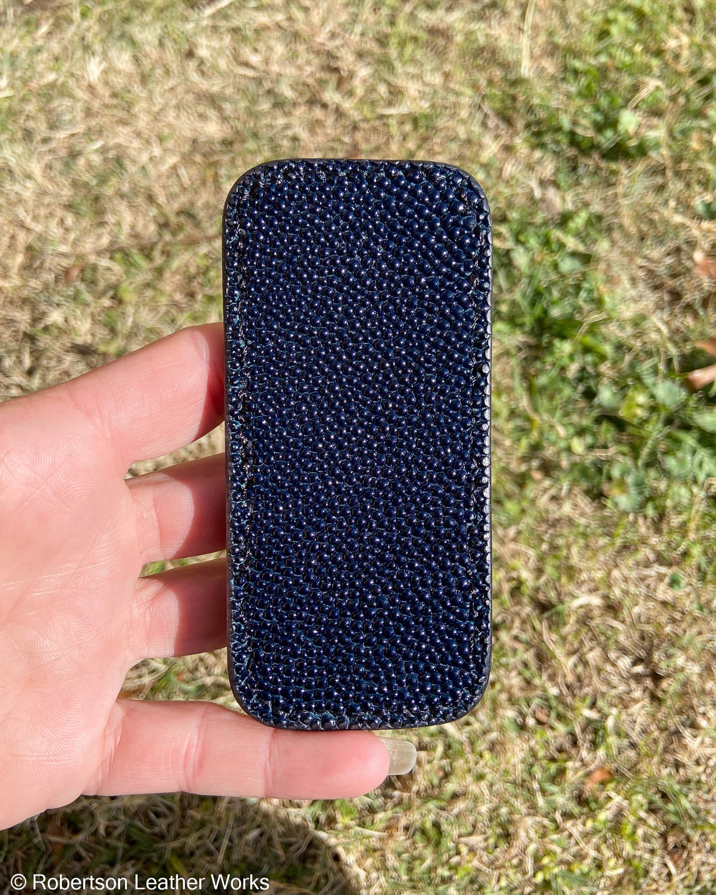 Schmedium Navy Stingray Leather Knife Slip, Black Stitching