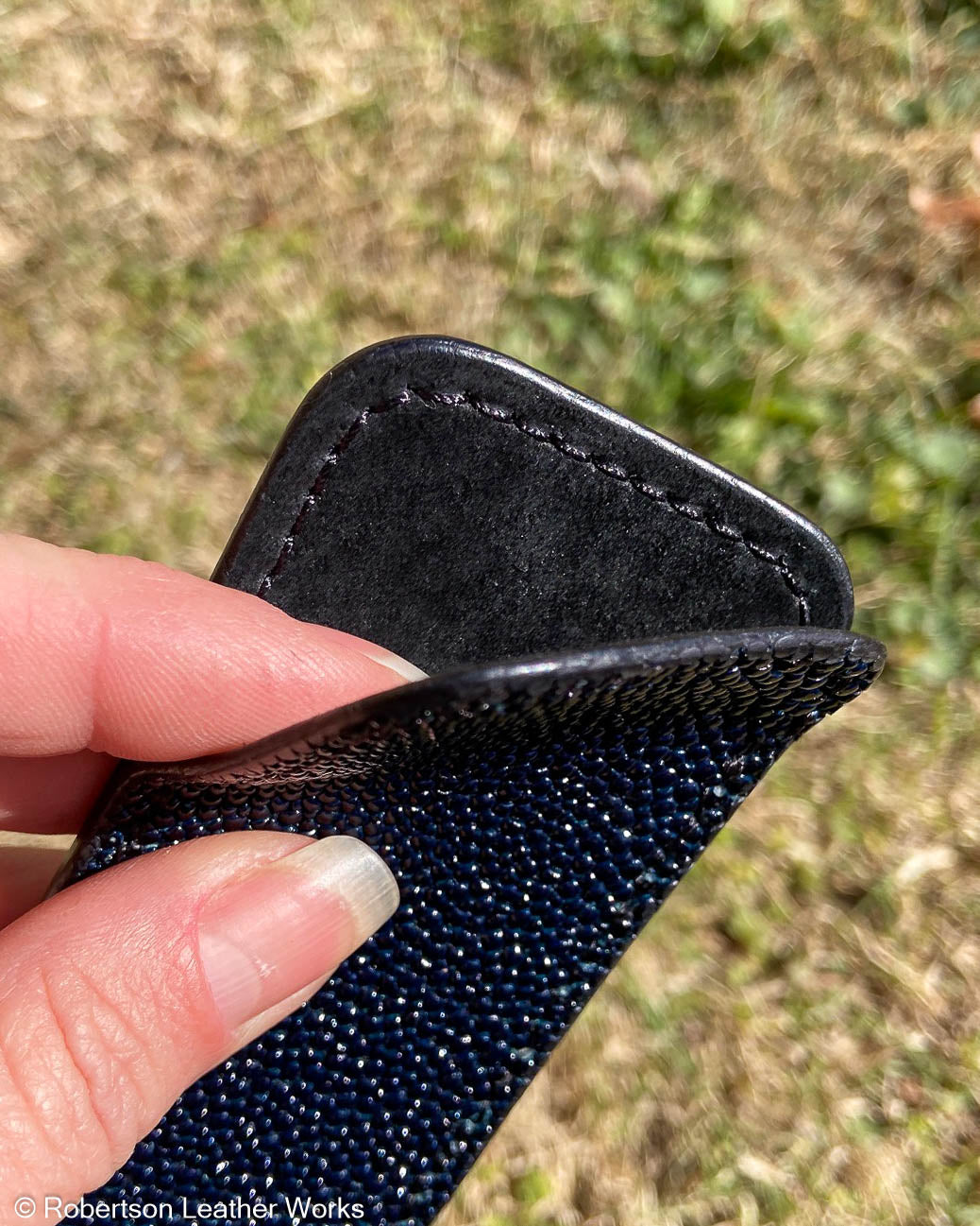 Schmedium Navy Stingray Leather Knife Slip, Black Stitching